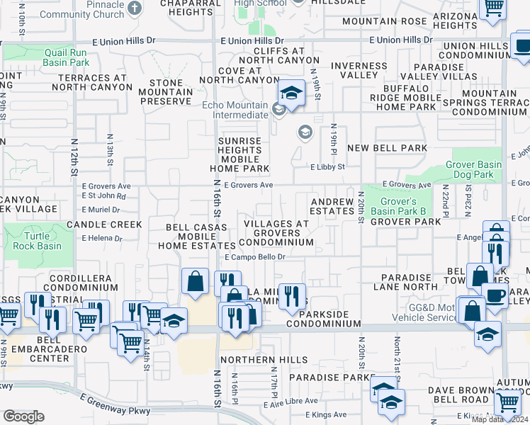 map of restaurants, bars, coffee shops, grocery stores, and more near 17610 North 17th Place in Phoenix