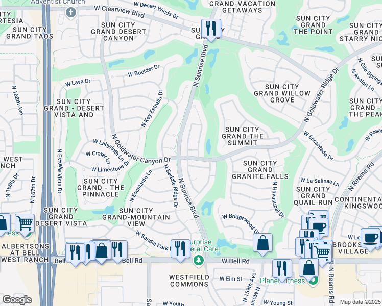 map of restaurants, bars, coffee shops, grocery stores, and more near 16033 West Fairwood Drive in Surprise