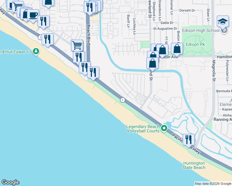 map of restaurants, bars, coffee shops, grocery stores, and more near 21844 Pacific Coast Highway in Huntington Beach