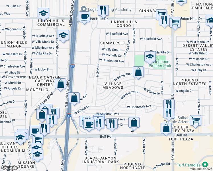 map of restaurants, bars, coffee shops, grocery stores, and more near 2402 West Angela Drive in Phoenix