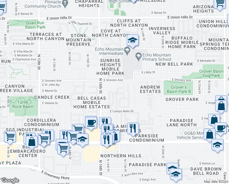 map of restaurants, bars, coffee shops, grocery stores, and more near 17602 North 17th Street in Phoenix