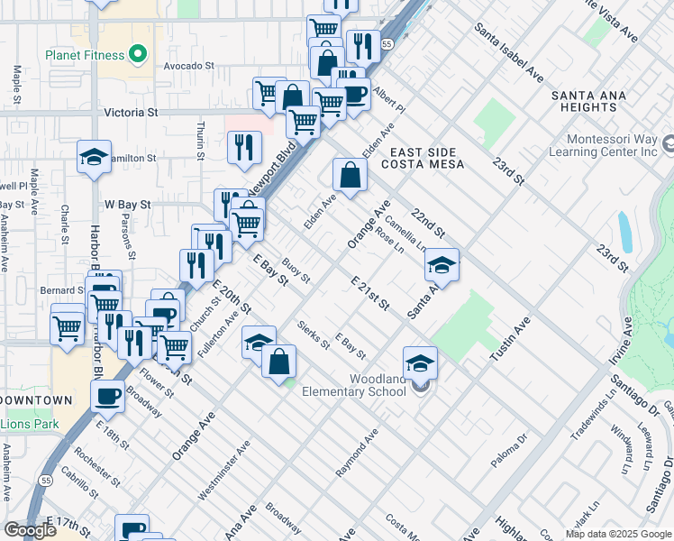 map of restaurants, bars, coffee shops, grocery stores, and more near 201 East 21st Street in Costa Mesa