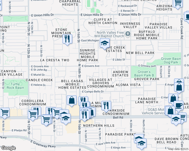 map of restaurants, bars, coffee shops, grocery stores, and more near 17610 North 17th Street in Phoenix