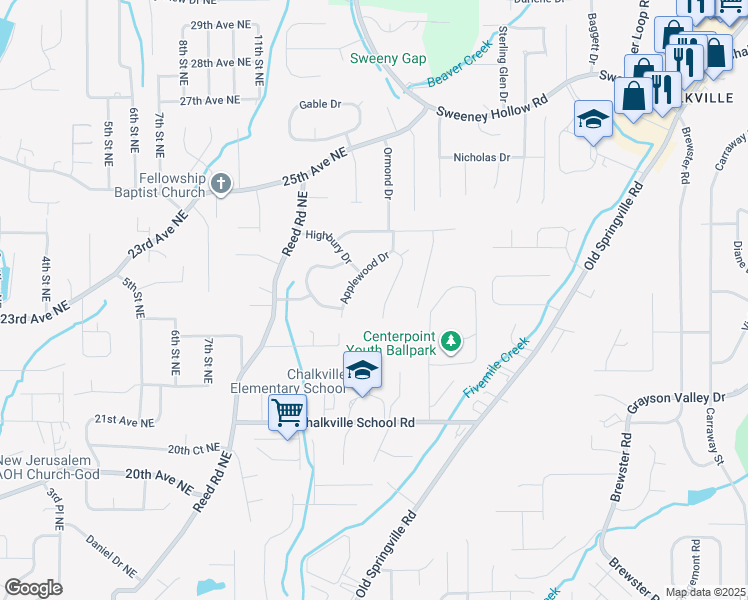 map of restaurants, bars, coffee shops, grocery stores, and more near 2308 Stonewood Drive in Center Point