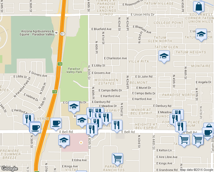 map of restaurants, bars, coffee shops, grocery stores, and more near 17617 North 41st Street in Phoenix