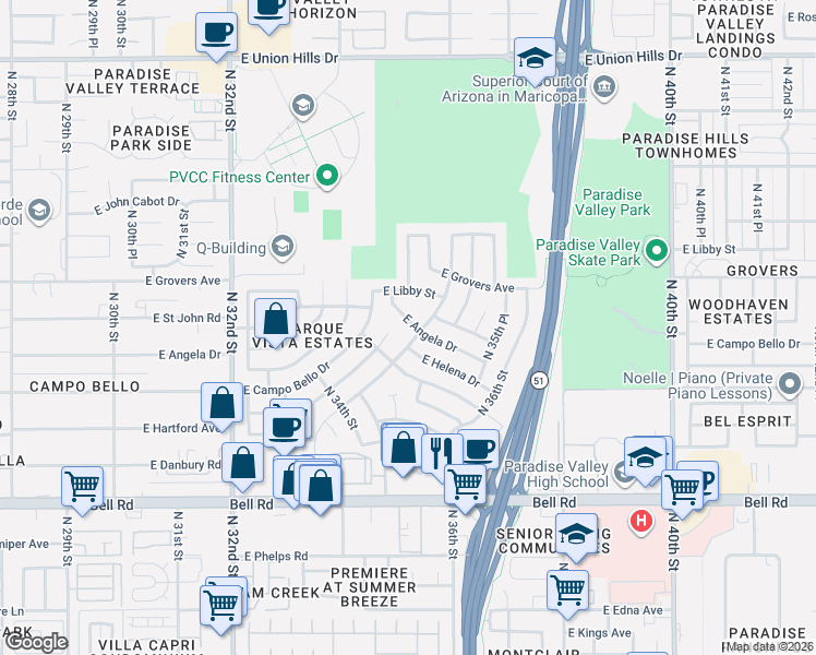 map of restaurants, bars, coffee shops, grocery stores, and more near 3446 East Angela Drive in Phoenix