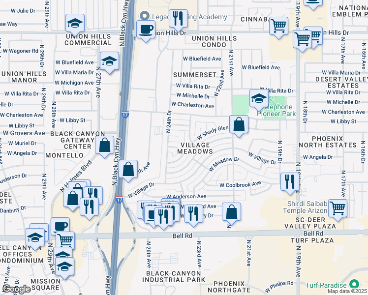 map of restaurants, bars, coffee shops, grocery stores, and more near 2402 West Angela Drive in Phoenix