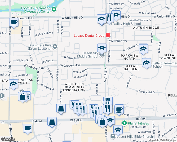 map of restaurants, bars, coffee shops, grocery stores, and more near 5191 West Saint John Road in Glendale