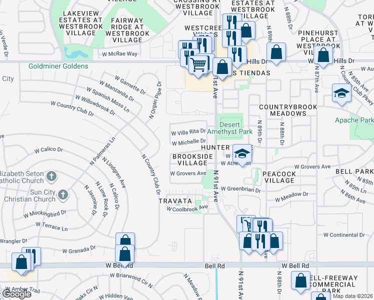 map of restaurants, bars, coffee shops, grocery stores, and more near 9174 West Charleston Avenue in Peoria