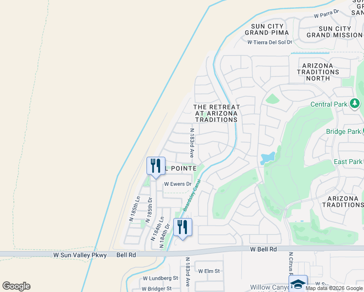 map of restaurants, bars, coffee shops, grocery stores, and more near 18354 West Hayden Drive in Surprise