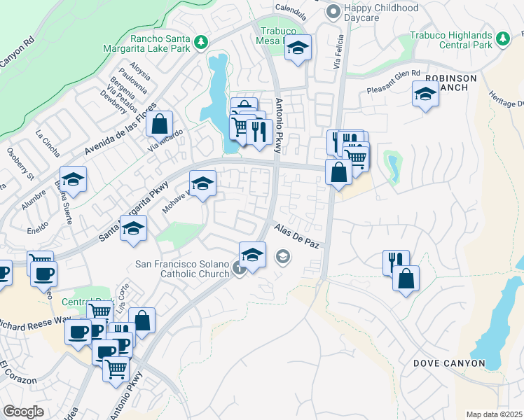 map of restaurants, bars, coffee shops, grocery stores, and more near 32 Vía Hermosa in Rancho Santa Margarita