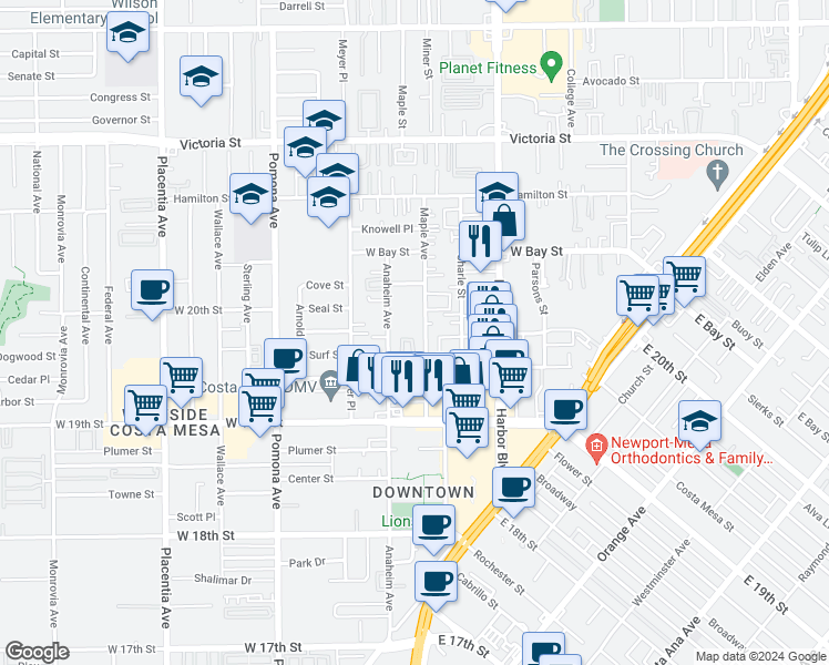 map of restaurants, bars, coffee shops, grocery stores, and more near 1987 Maple Avenue in Costa Mesa