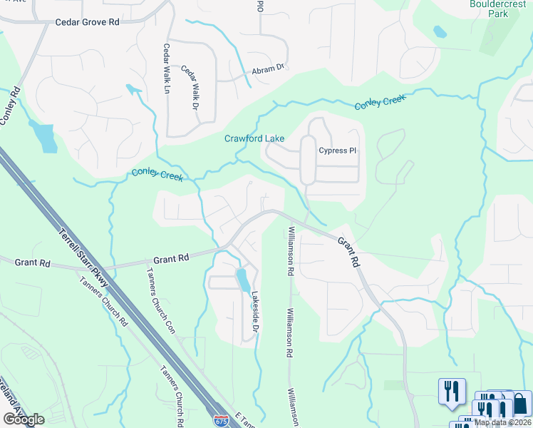 map of restaurants, bars, coffee shops, grocery stores, and more near 3832 Old Grant Road in Ellenwood