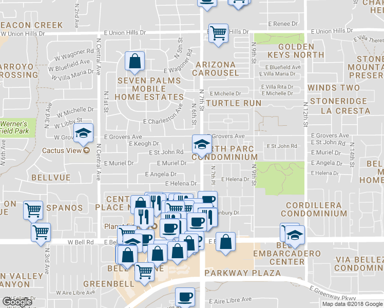 map of restaurants, bars, coffee shops, grocery stores, and more near 613 East Saint John Road in Phoenix