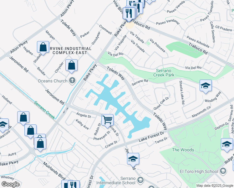 map of restaurants, bars, coffee shops, grocery stores, and more near 21782 Tahoe Lane in Lake Forest