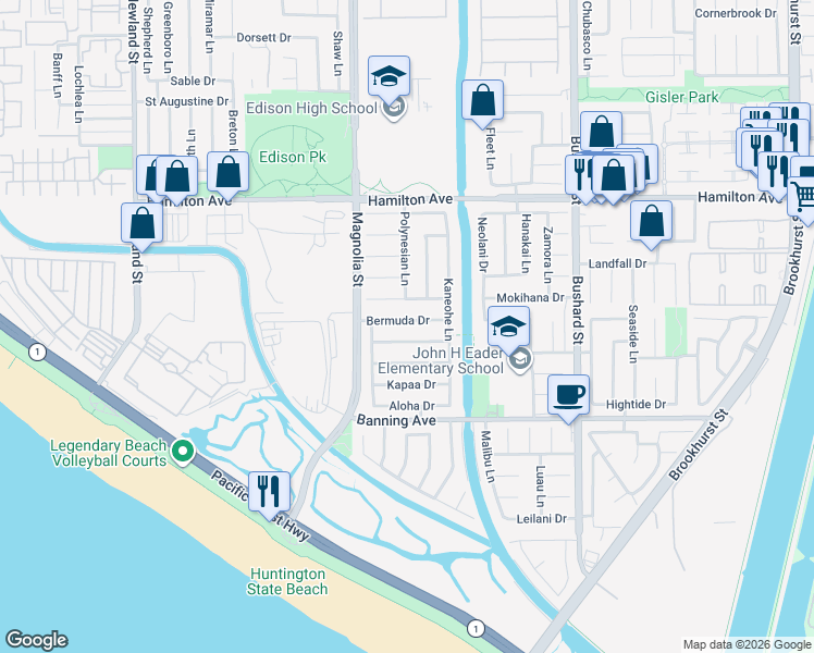map of restaurants, bars, coffee shops, grocery stores, and more near 9112 Bermuda Drive in Huntington Beach