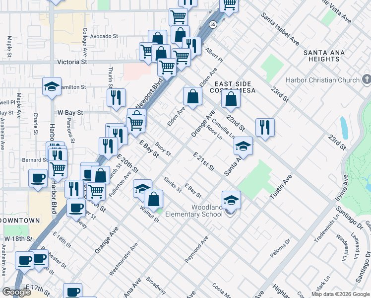map of restaurants, bars, coffee shops, grocery stores, and more near 201 East 21st Street in Costa Mesa