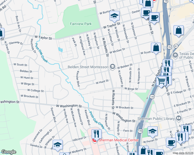 map of restaurants, bars, coffee shops, grocery stores, and more near 1318 North Binkley Street in Sherman