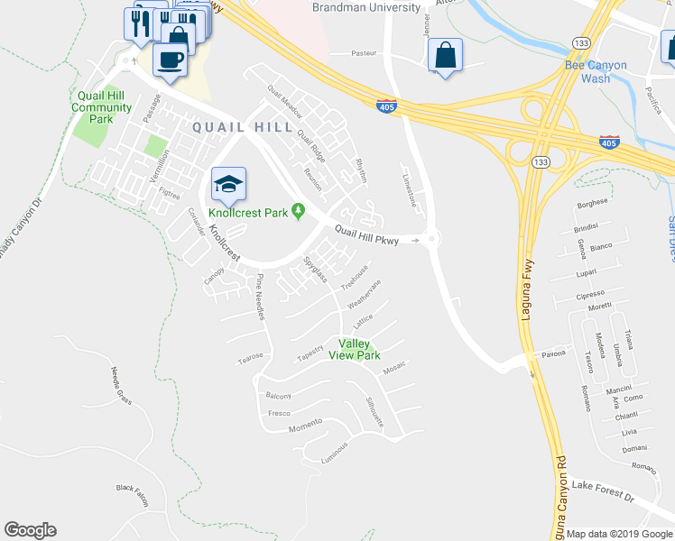 map of restaurants, bars, coffee shops, grocery stores, and more near 218 Tall Oak in Irvine