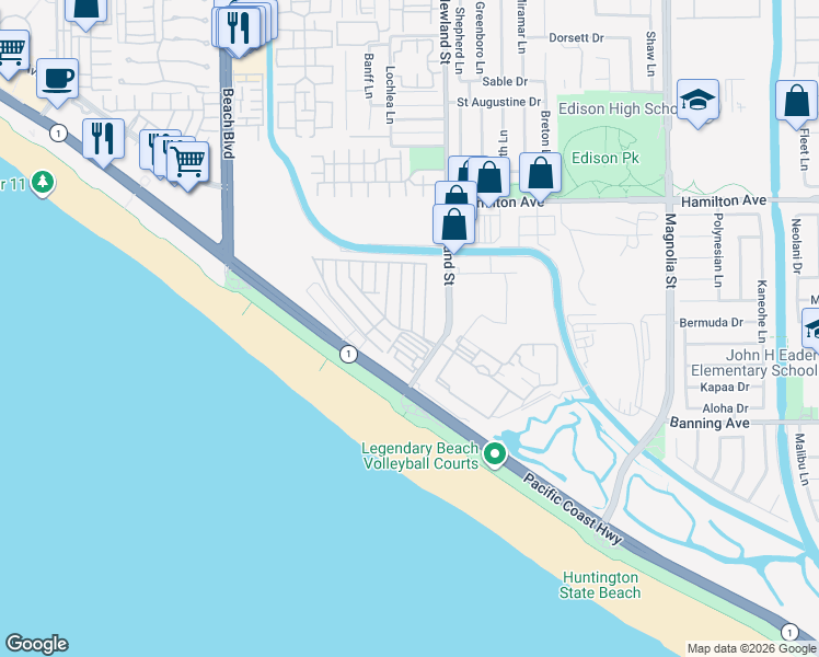 map of restaurants, bars, coffee shops, grocery stores, and more near 21851 Newland Street in Huntington Beach