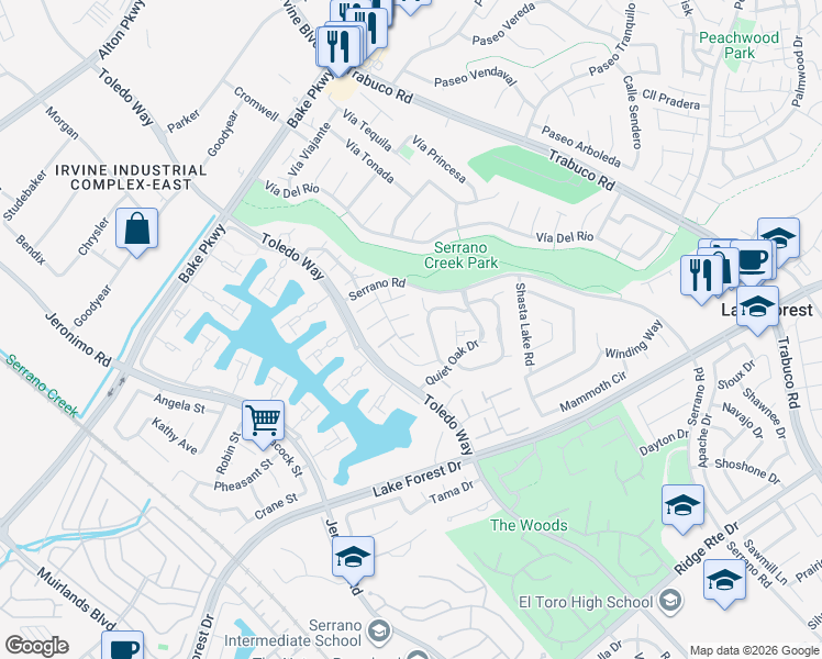 map of restaurants, bars, coffee shops, grocery stores, and more near 21782 Lake Vista Drive in Lake Forest