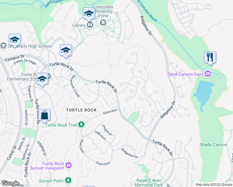 map of restaurants, bars, coffee shops, grocery stores, and more near Turtle Rock Drive & Hillsborough in Irvine