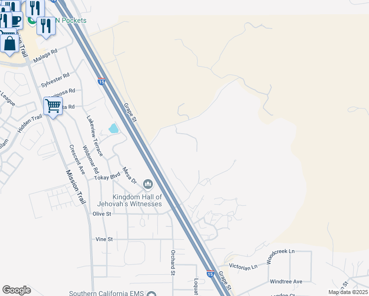 map of restaurants, bars, coffee shops, grocery stores, and more near 21555 Sedco View Drive in Wildomar
