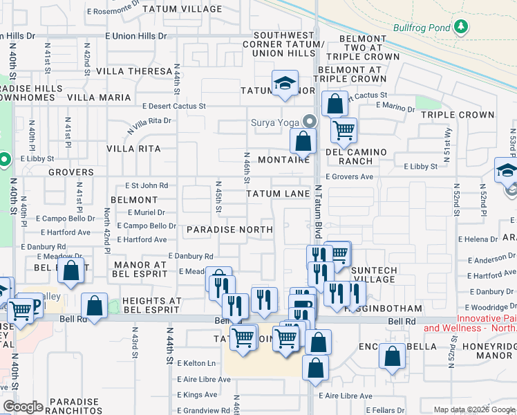 map of restaurants, bars, coffee shops, grocery stores, and more near 4617 East Angela Drive in Phoenix