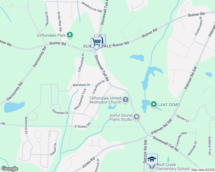 map of restaurants, bars, coffee shops, grocery stores, and more near 3980 Stonewall Tell Road in College Park