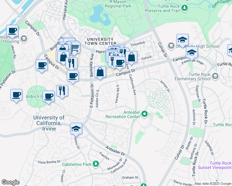 map of restaurants, bars, coffee shops, grocery stores, and more near 2200 Verano Road South in Irvine