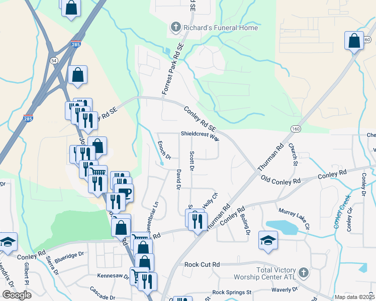 map of restaurants, bars, coffee shops, grocery stores, and more near 3954 Scott Drive in Forest Park