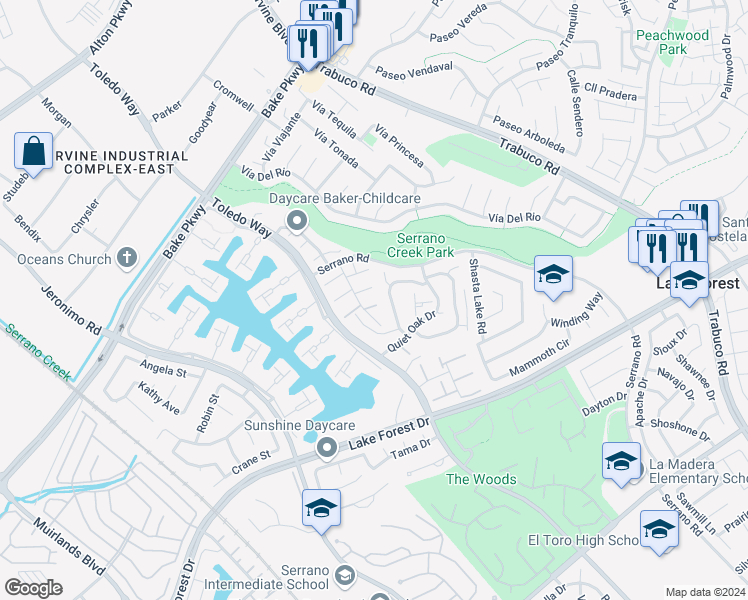 map of restaurants, bars, coffee shops, grocery stores, and more near 21804 Lake Vista Drive in Lake Forest