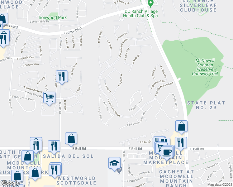 map of restaurants, bars, coffee shops, grocery stores, and more near 17687 North 97th Way in Scottsdale