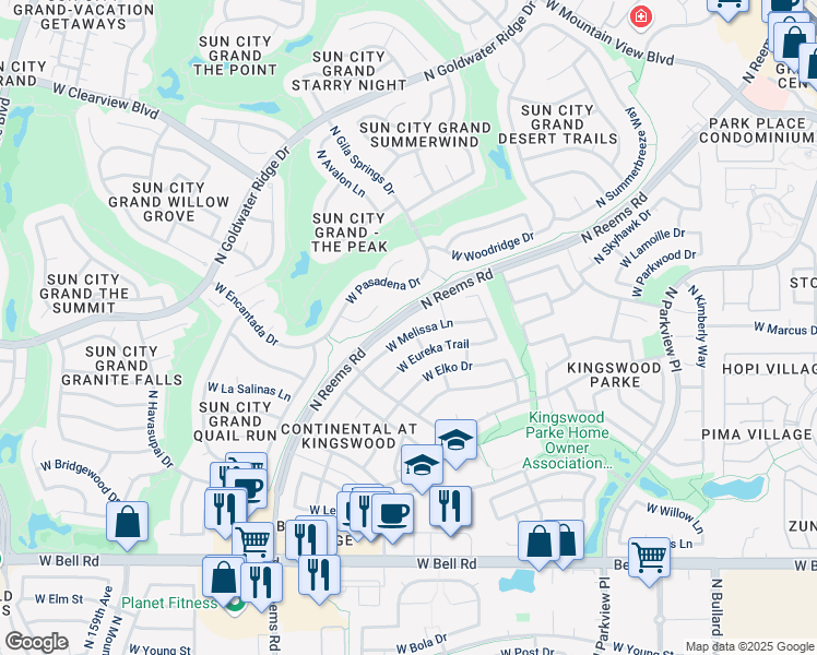 map of restaurants, bars, coffee shops, grocery stores, and more near 15248 West Melissa Lane in Surprise