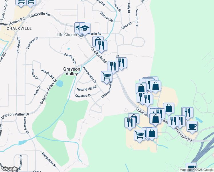 map of restaurants, bars, coffee shops, grocery stores, and more near 1251 Grayson Valley Parkway in Birmingham