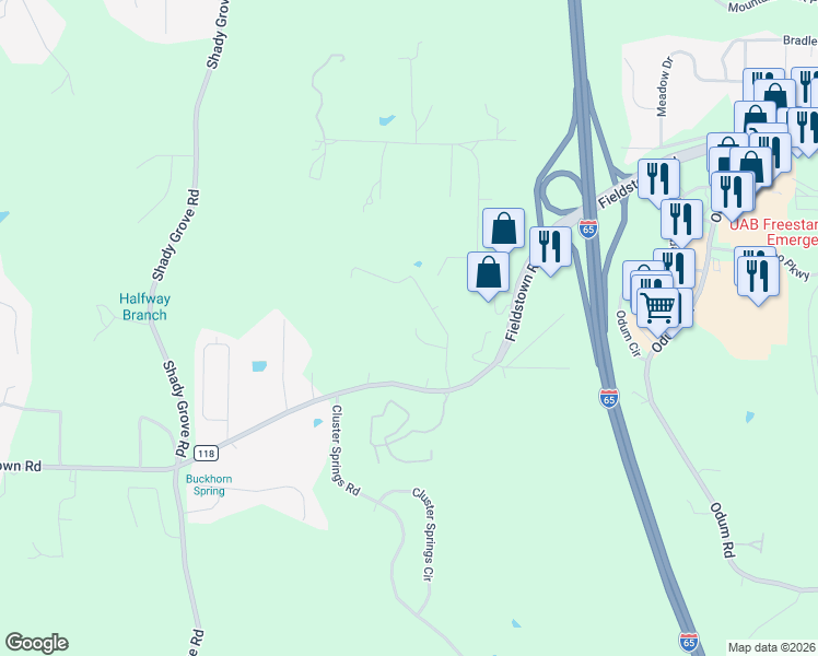 map of restaurants, bars, coffee shops, grocery stores, and more near 451 Creekview Circle in Gardendale