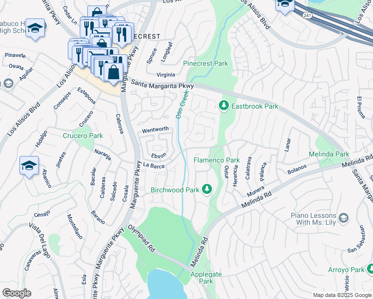 map of restaurants, bars, coffee shops, grocery stores, and more near La Barca in Mission Viejo