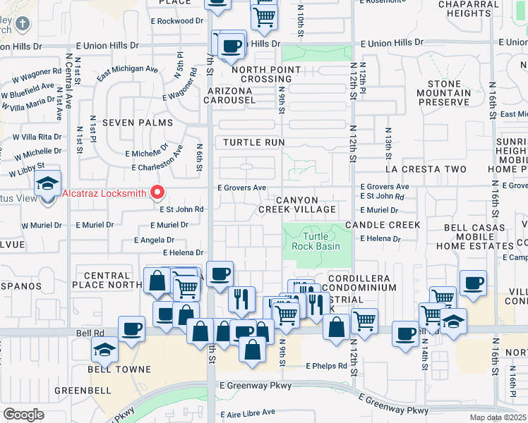 map of restaurants, bars, coffee shops, grocery stores, and more near 815 East Grovers Avenue in Phoenix