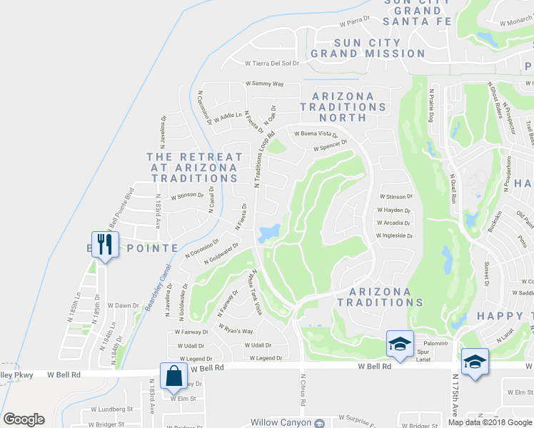 map of restaurants, bars, coffee shops, grocery stores, and more near 18013 West Hayden Drive in Surprise