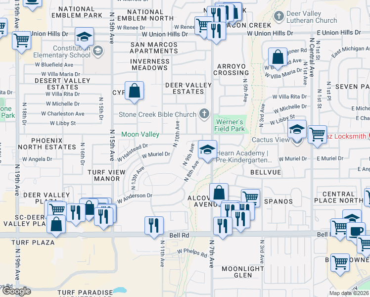 map of restaurants, bars, coffee shops, grocery stores, and more near 17617 North 9th Avenue in Phoenix