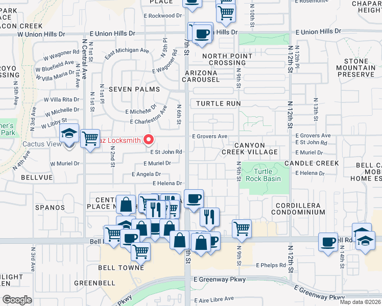 map of restaurants, bars, coffee shops, grocery stores, and more near 17625 North 7th Street in Phoenix