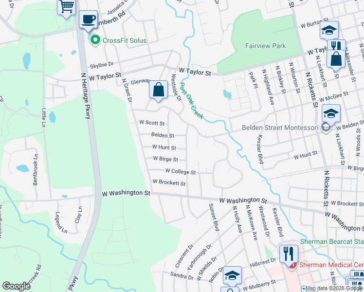 map of restaurants, bars, coffee shops, grocery stores, and more near 1207 Blanton Drive in Sherman