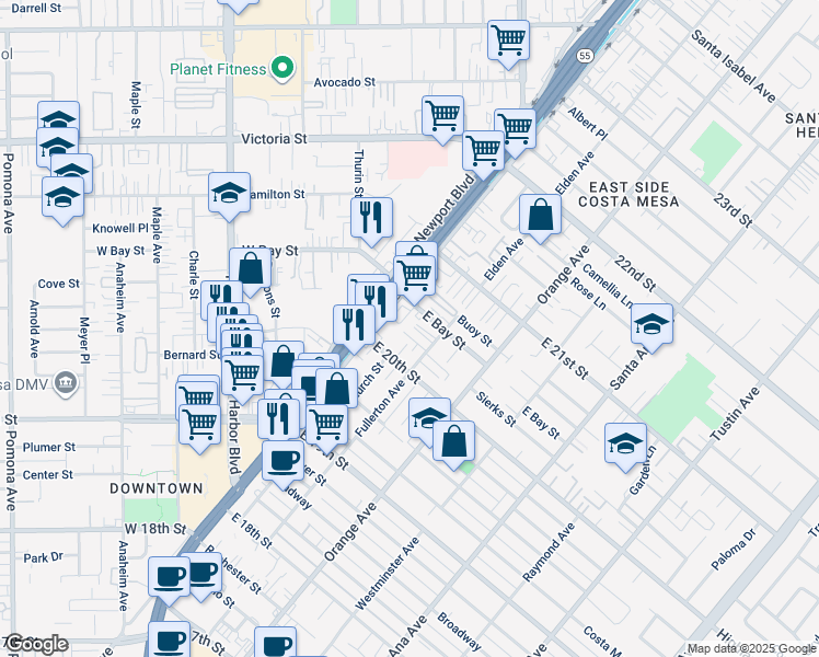 map of restaurants, bars, coffee shops, grocery stores, and more near 124 Melody Lane in Costa Mesa