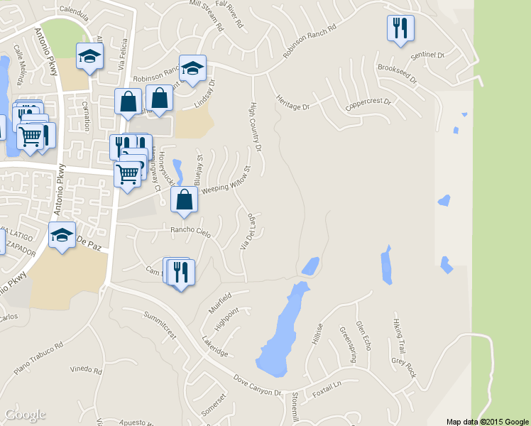 map of restaurants, bars, coffee shops, grocery stores, and more near 32276 Vía Del Nido in Trabuco Canyon