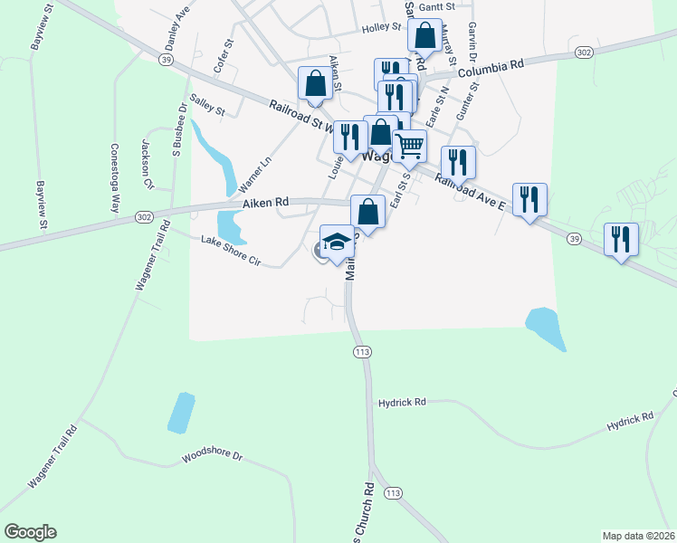 map of restaurants, bars, coffee shops, grocery stores, and more near 272 Main Street South in Wagener