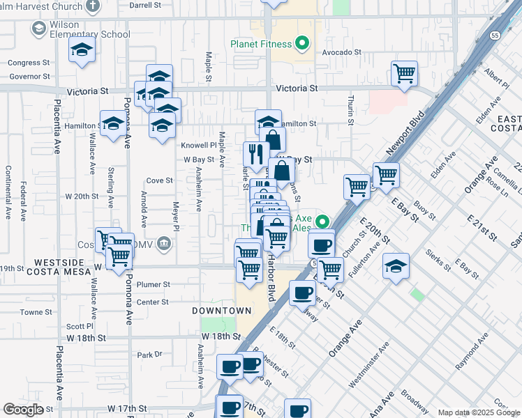 map of restaurants, bars, coffee shops, grocery stores, and more near 1985 Harbor Boulevard in Costa Mesa