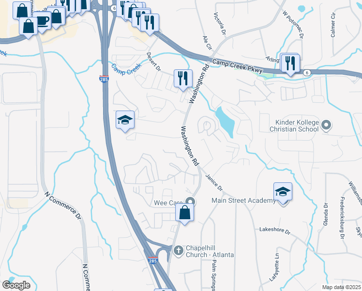 map of restaurants, bars, coffee shops, grocery stores, and more near 3995 Washington Road in Atlanta