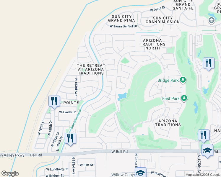 map of restaurants, bars, coffee shops, grocery stores, and more near 17835 North Fiesta Drive in Surprise