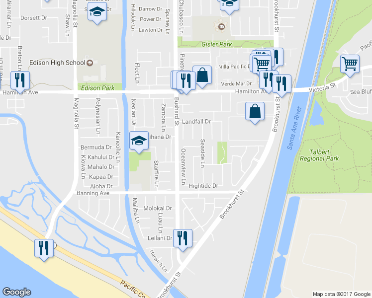 map of restaurants, bars, coffee shops, grocery stores, and more near 21772 Oceanview Lane in Huntington Beach