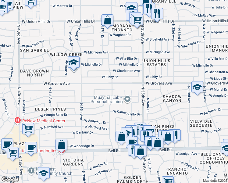map of restaurants, bars, coffee shops, grocery stores, and more near 3649 West Saint John Road in Glendale